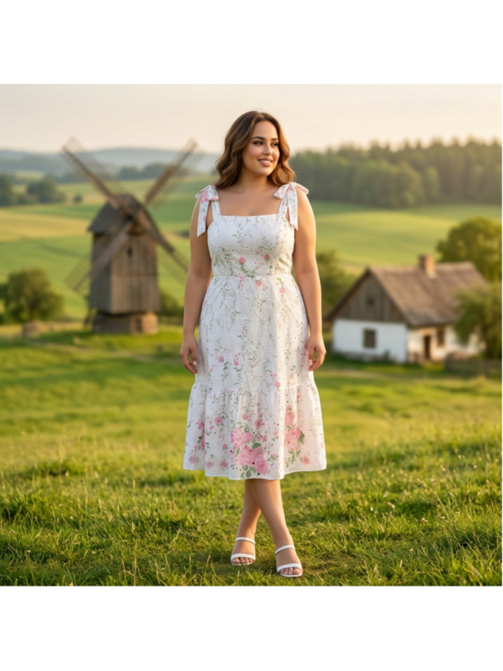 Coquette Floral Eyelet Midi Dress Size White Pink XL/XXL Prairie Cottagecore